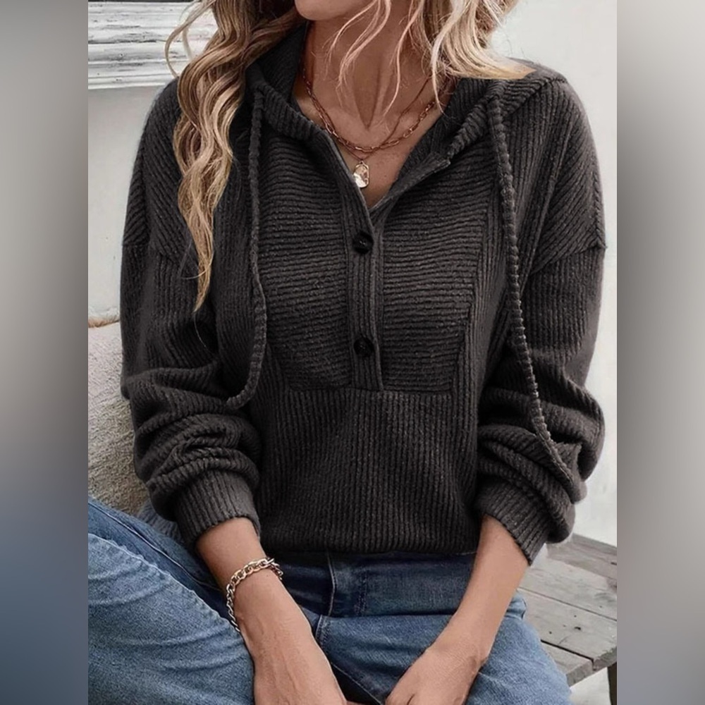 Button-Front Drawstring Hoodie - Picture 11 of 12